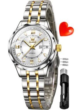 Women's Gold White Automatic Diamond Luxury Mechanical Stainless Wrist Watches